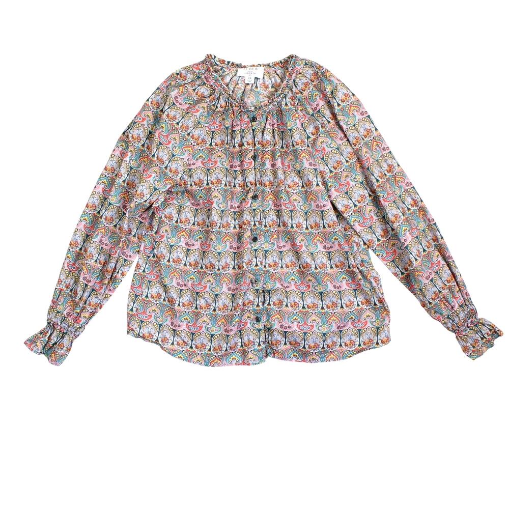 Liberty Fabric J Crew Blouse Womens XS Blue Paisley Floral Long Sleeve Boho Top